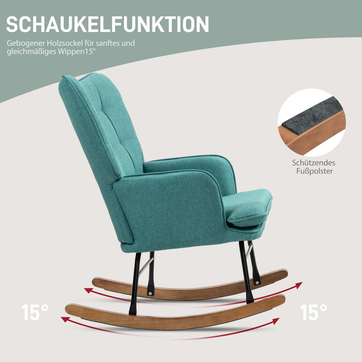 SCHAUKELSTUHL Schwingsessel mit Hocker Armlehnsessel mit Leinenoptik - Dunkelgrün/Schwarz, Holz/Textil (89/90/64cm) - HOMCOM