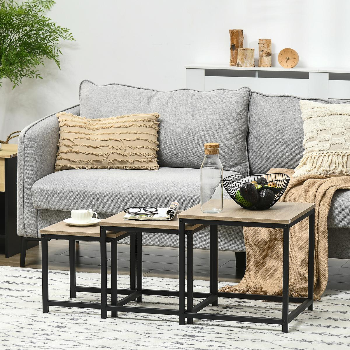 COUCHTISCH 3er-Set Beistelltisch, Satztisch, Sofatisch mit Holzoptik, Stahl - Naturfarben, Holzwerkstoff (45/45/44cm) - HOMCOM