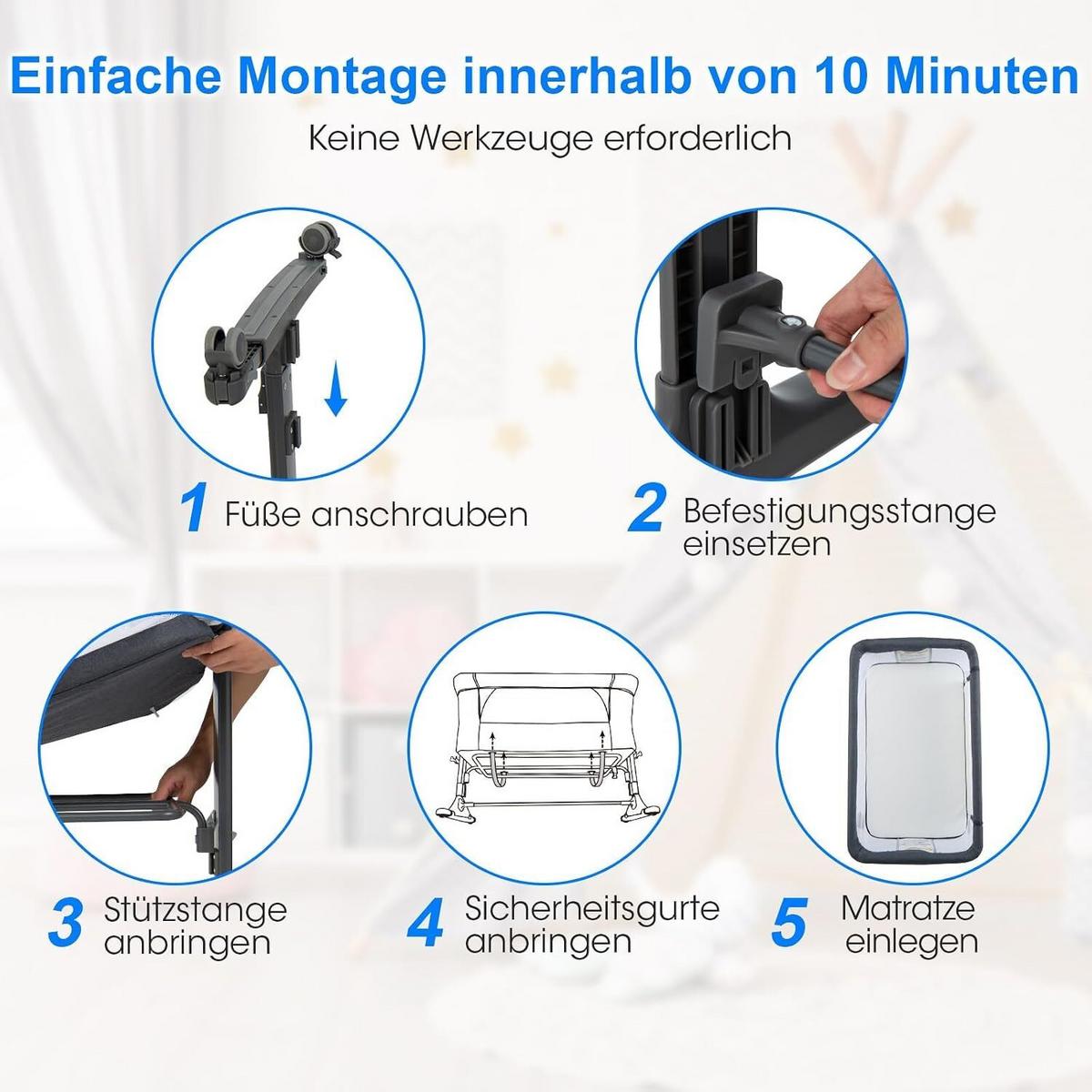 BABYWIEGE mit Matratze dunkelgrau - Dunkelgrau, Textil - COSTWAY