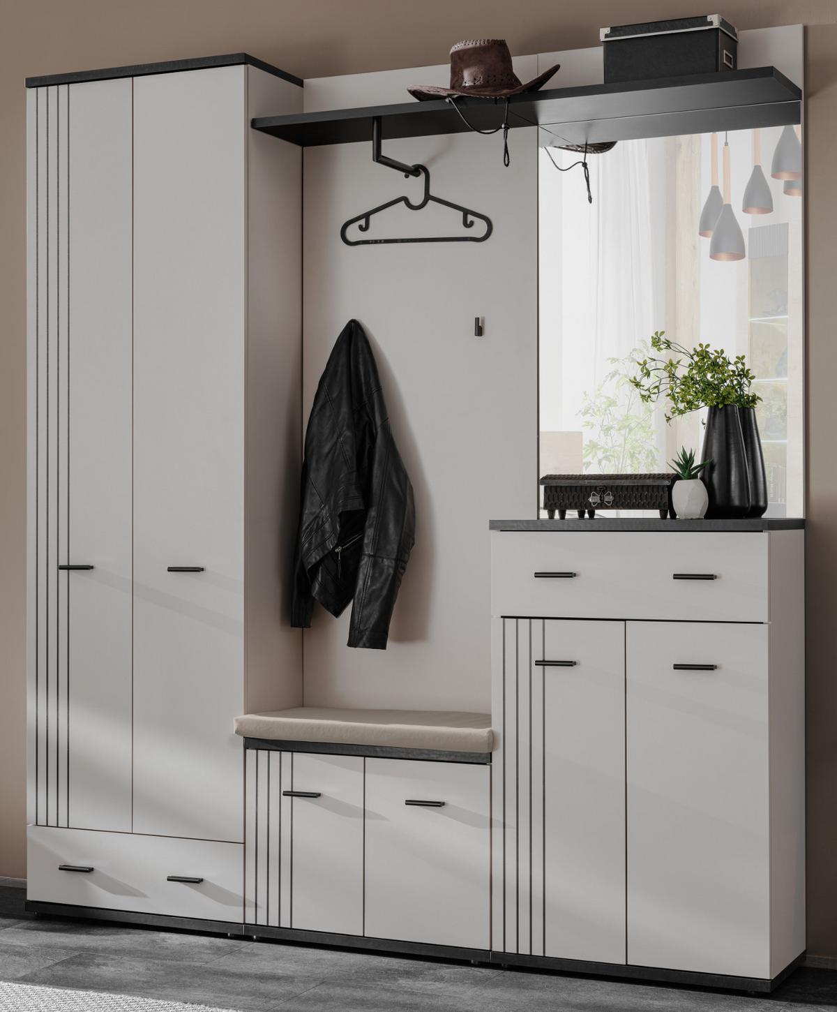 GARDEROBEN-SET Kaschmir, schwarz 5-teilig, Flurgarderobe 180 cm in modernem Design - Kaschmir/Schwarz, Glas/Holzwerkstoff (180/203/32cm) - Inn.Furn