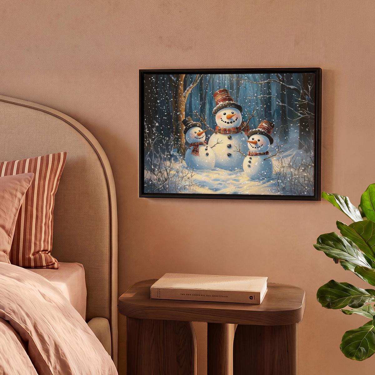 LEINWAND Bilder mit Rahmen - Schneemann - Schnee - Winter - Wald - 40x30 - Hellblau, Textil (40/30cm) - MuchoWow
