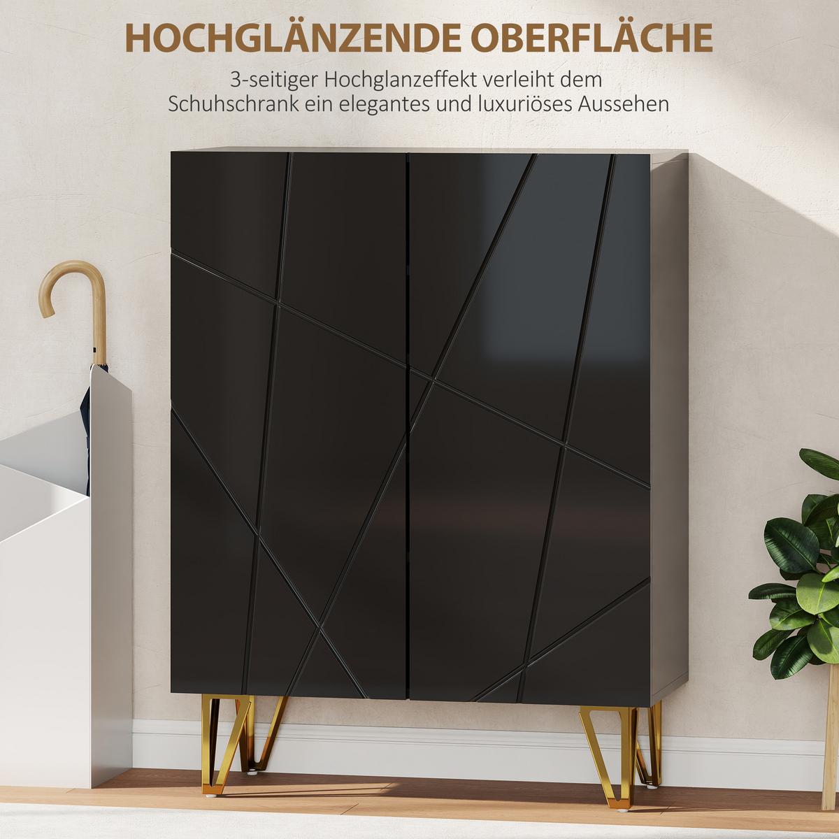 SCHUHSCHRANK mit 2 Türen, Schuhregal, Schuhaufbewahrung mit 3 Ablagen Schwarz - Schwarz Hochglanz/Goldfarben, Holzwerkstoff/Metall (31.5/95/72cm) - HOMCOM
