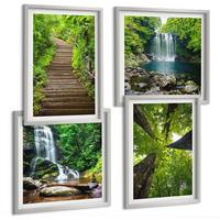 BILDER SET 4er Set - 50x50 cm & 40x60 cm Silberner Rahmen - Pfad Wald Wasserfall Vegetation - Silberfarben, Kunststoff (50/50cm) - TULUP
