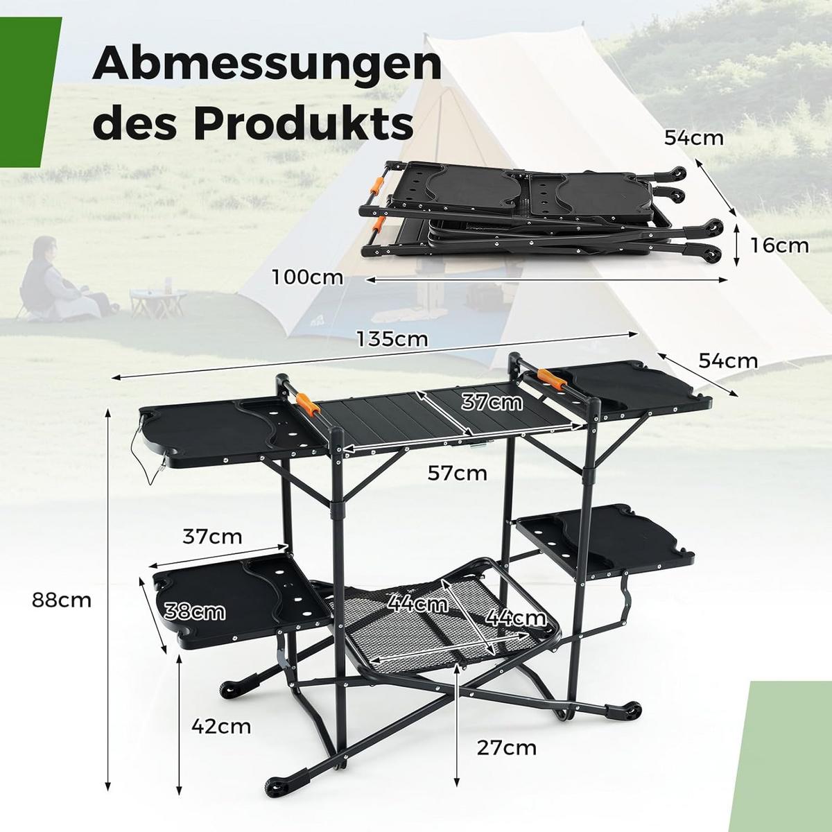CAMPINGKÜCHE Schwarz - Schwarz, Metall (54/135/88cm) - COSTWAY