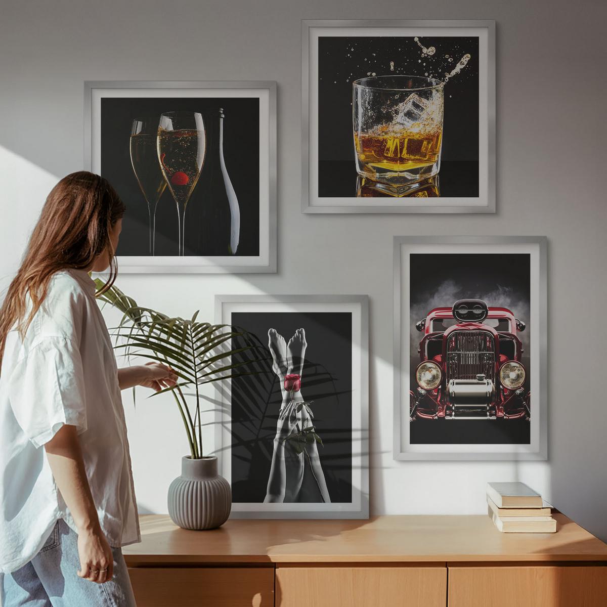 BILDER SET 4er Set - 50x50 cm & 40x60 cm Silberner Rahmen - Frauenbeine Rosenwagen Wein - Silberfarben, Kunststoff (50/50cm) - TULUP