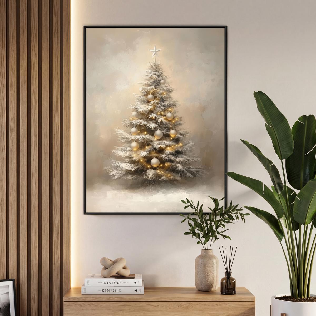 LEINWAND Bilder mit Rahmen - Weihnachten - Weihnachtsbaum - Schnee - Kunst - 70x100 - Champagner, Textil (70/100cm) - MuchoWow