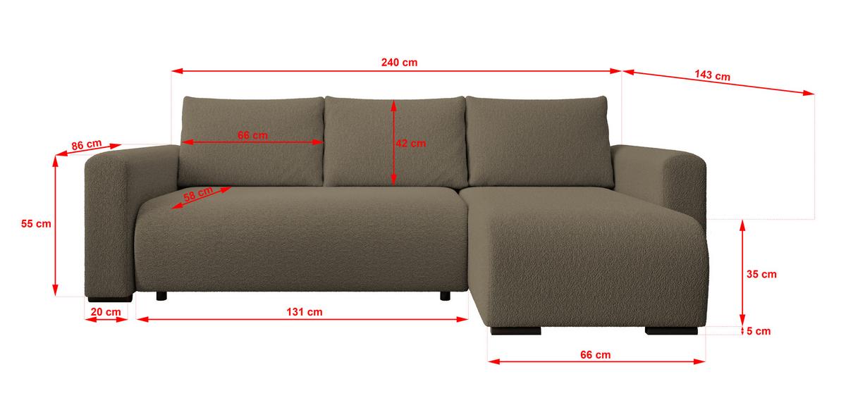 ECKSOFA DORA L, Eckcouch in L-Form mit Schlaffunktion und Bettkasten, Farbe: Cappuccino, Bouclé-Stoff, Ottomane Rechts - Cappuccino, Textil (240/143cm) - Storez24