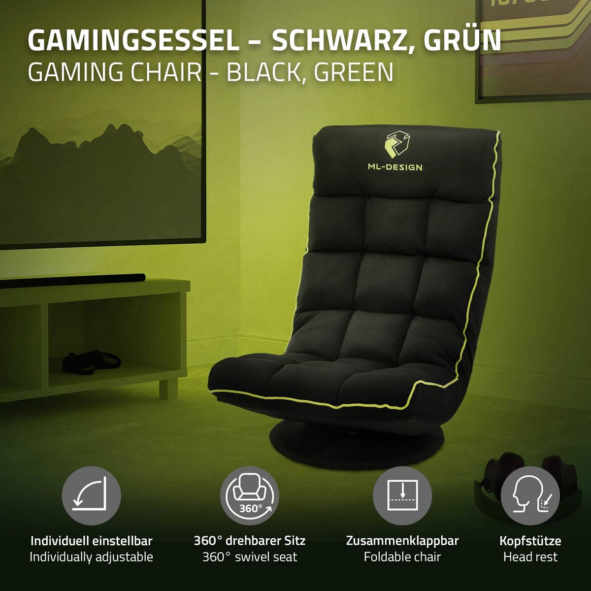 GAMING BODENSTUHL Schwarz-Grün Stoffbezug 360° drehbar & verstellbar - Schwarz/Grün, Textil (56/85/92cm) - ML-DESIGN