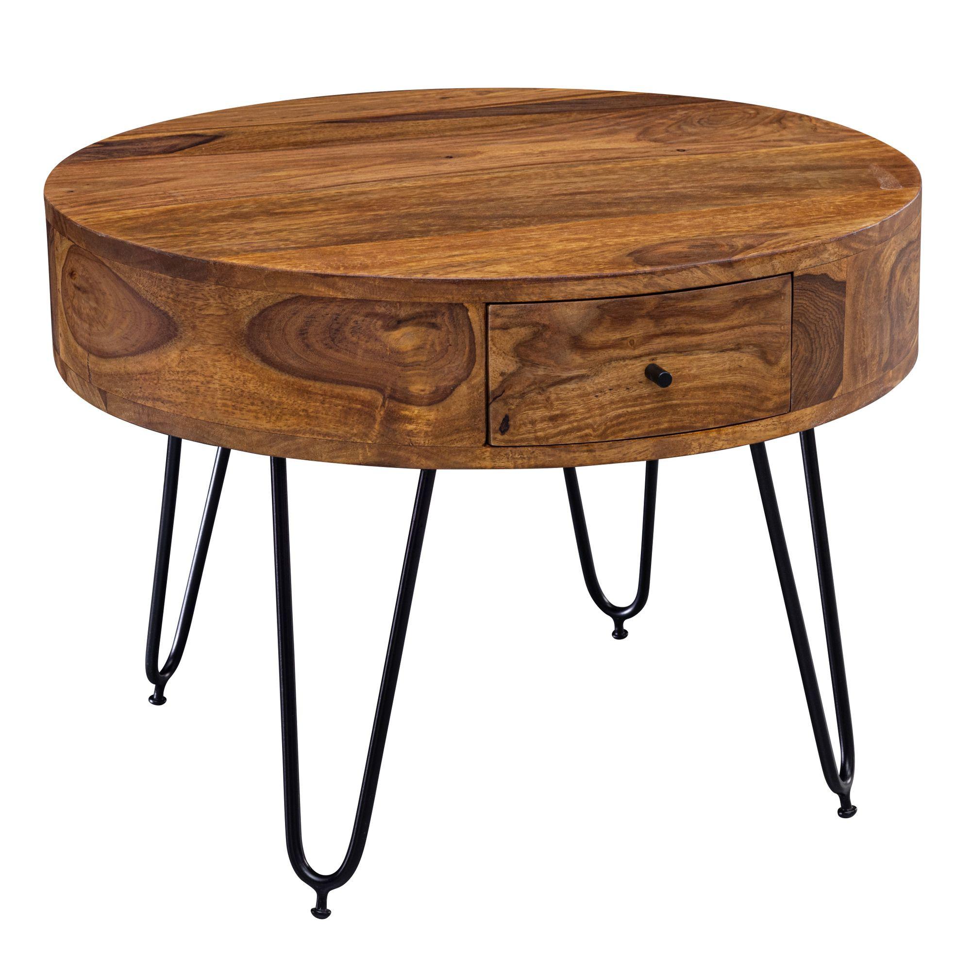 COUCHTISCH Sheesham-Massivholz Schwarz, Metallbeine, Handgefertigt, Mit Schubladen - Schwarz/Braun, Holz/Metall (60/60/44cm) - KADIMA DESIGN