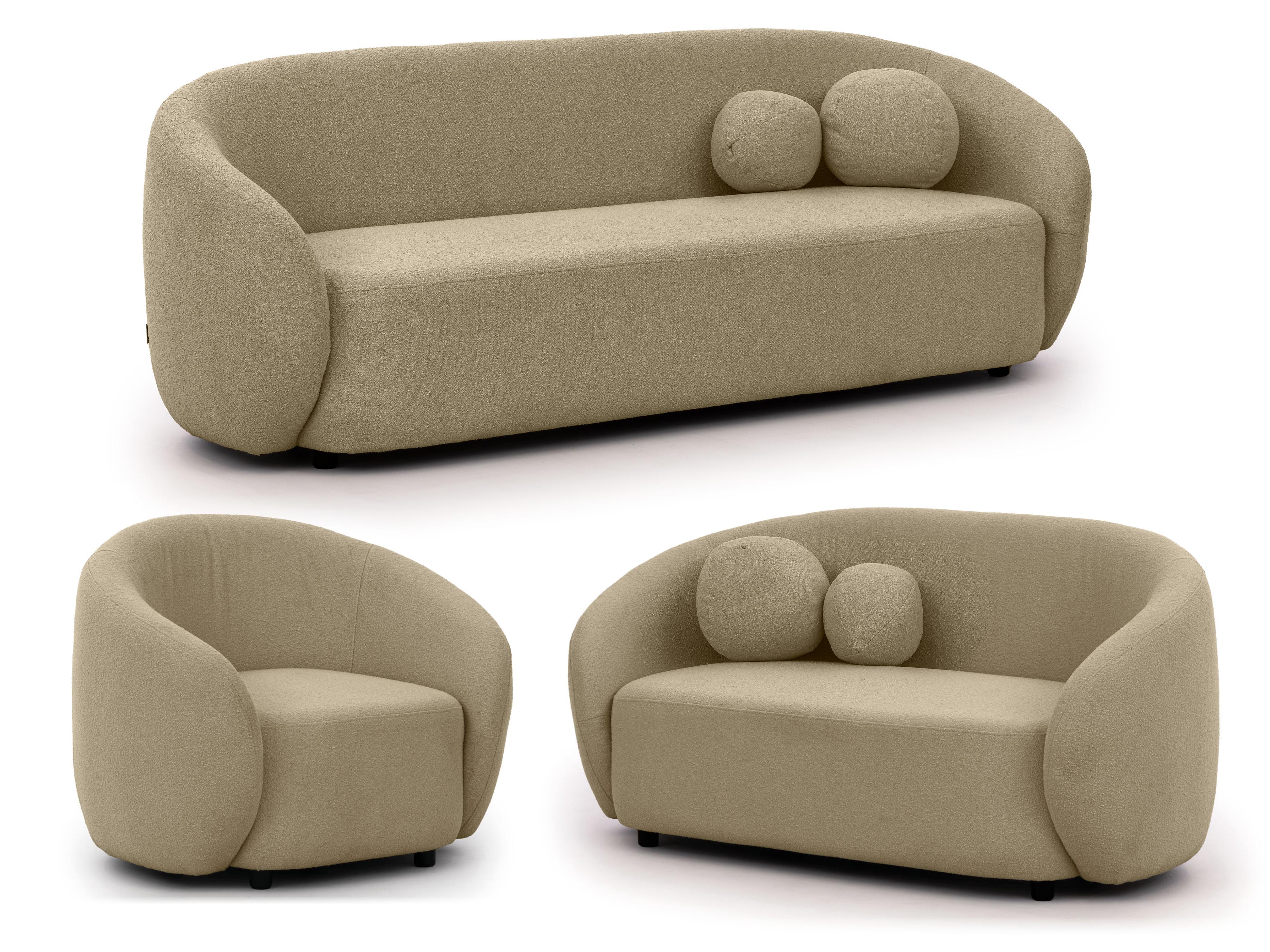 SITZGARNITUR 3+2+1 Roundi Beige Bouclé - Beige/Schwarz, Holz/Kunststoff (208/76/80cm) - S-Style