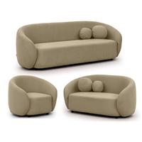 SITZGARNITUR 3+2+1 Roundi Beige Bouclé - Beige/Schwarz, Holz/Kunststoff (208/76/80cm) - S-Style