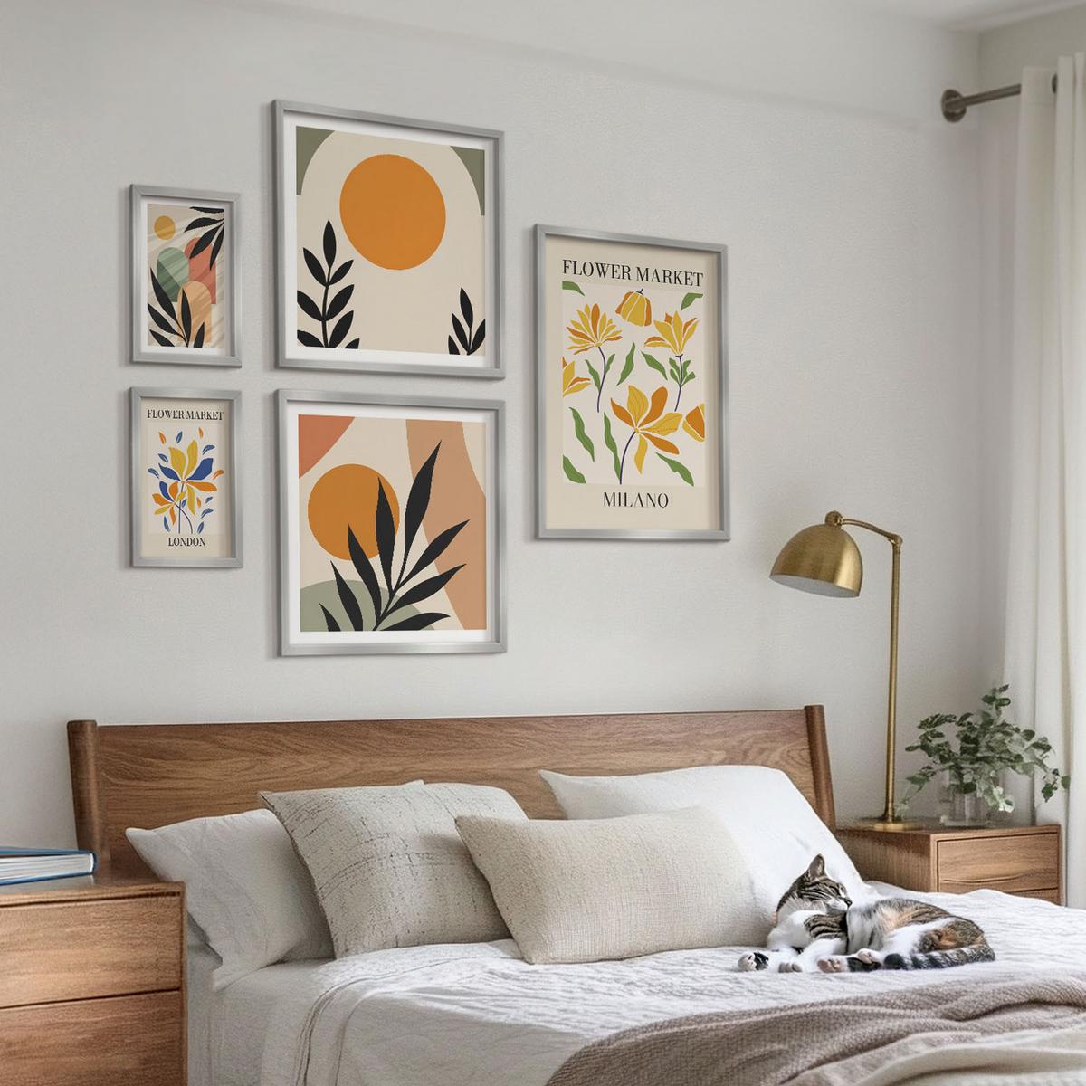 BILDER SET 5er Set - 50x50 cm & 20x30 cm & 40x60 cm Silberner Rahmen - Abstrakte geometrische Formen - Silberfarben, Kunststoff (40/60cm) - TULUP