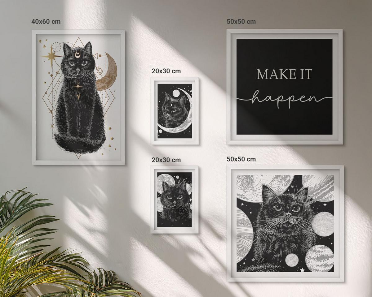 BILDER SET 5er Set - 50x50 cm & 20x30 cm & 40x60 cm Weißer Rahmen - Schwarze Katzen, Mond, Planet - Weiß, Kunststoff (40/60cm) - TULUP