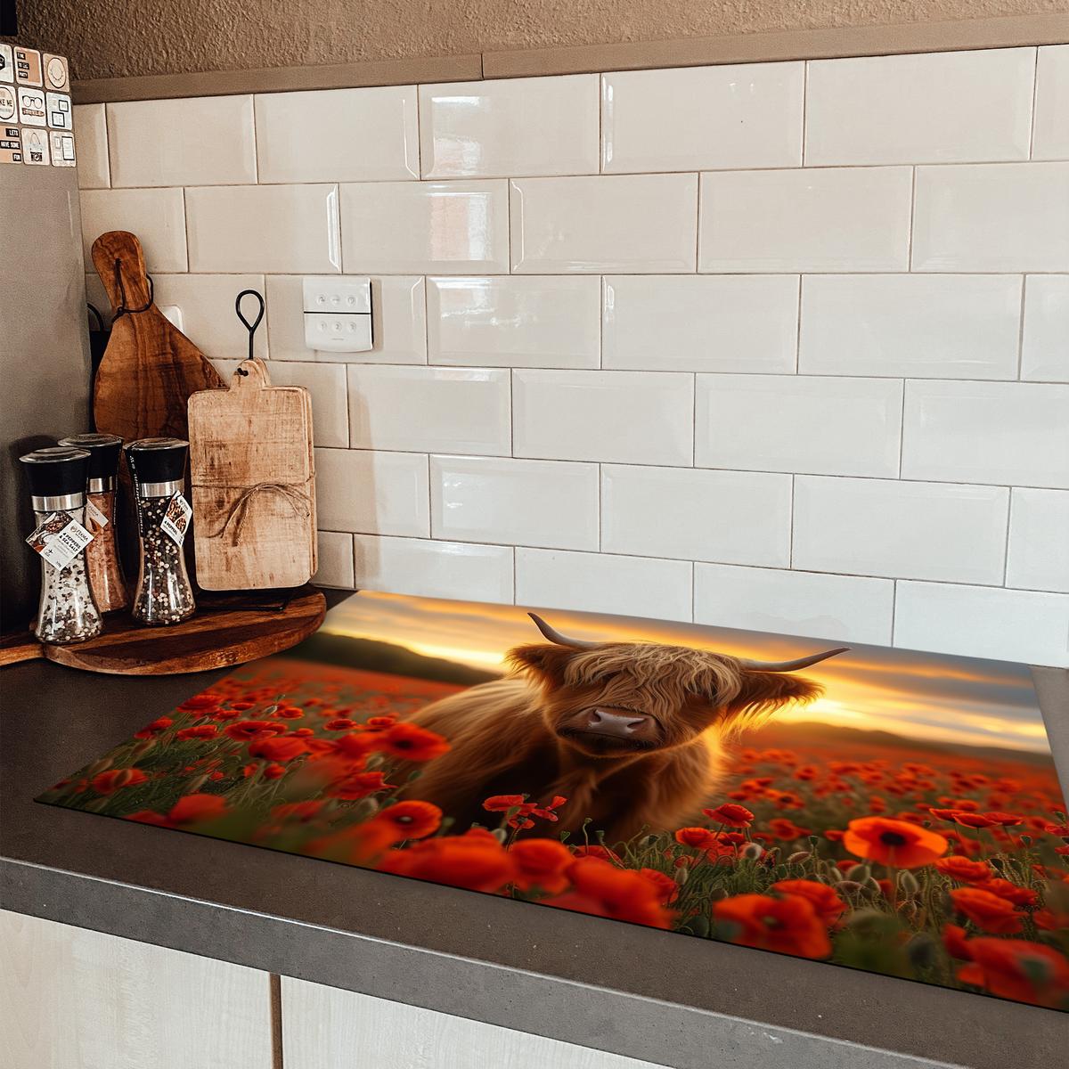 HERDABDECKPLATTE Schottische Highlander - Rosen - Blumenfeld - Sonnenuntergang Induktionsschutz 81.6x52.7 cm - Rotbraun, Kunststoff (81.6/52.7/0.2cm) - MuchoWow