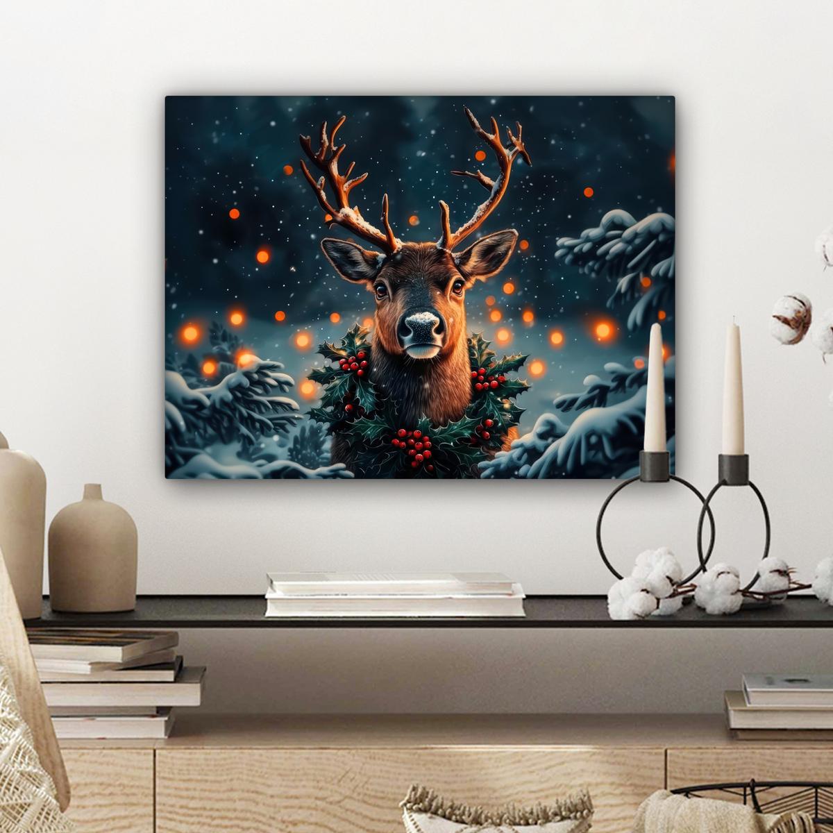 LEINWANDBILD Hirsch - Weihnachten - Winter - Schnee - Weihnachtskranz Wandbild 40x30 cm - Dunkelbraun, Textil (40/30cm) - MuchoWow