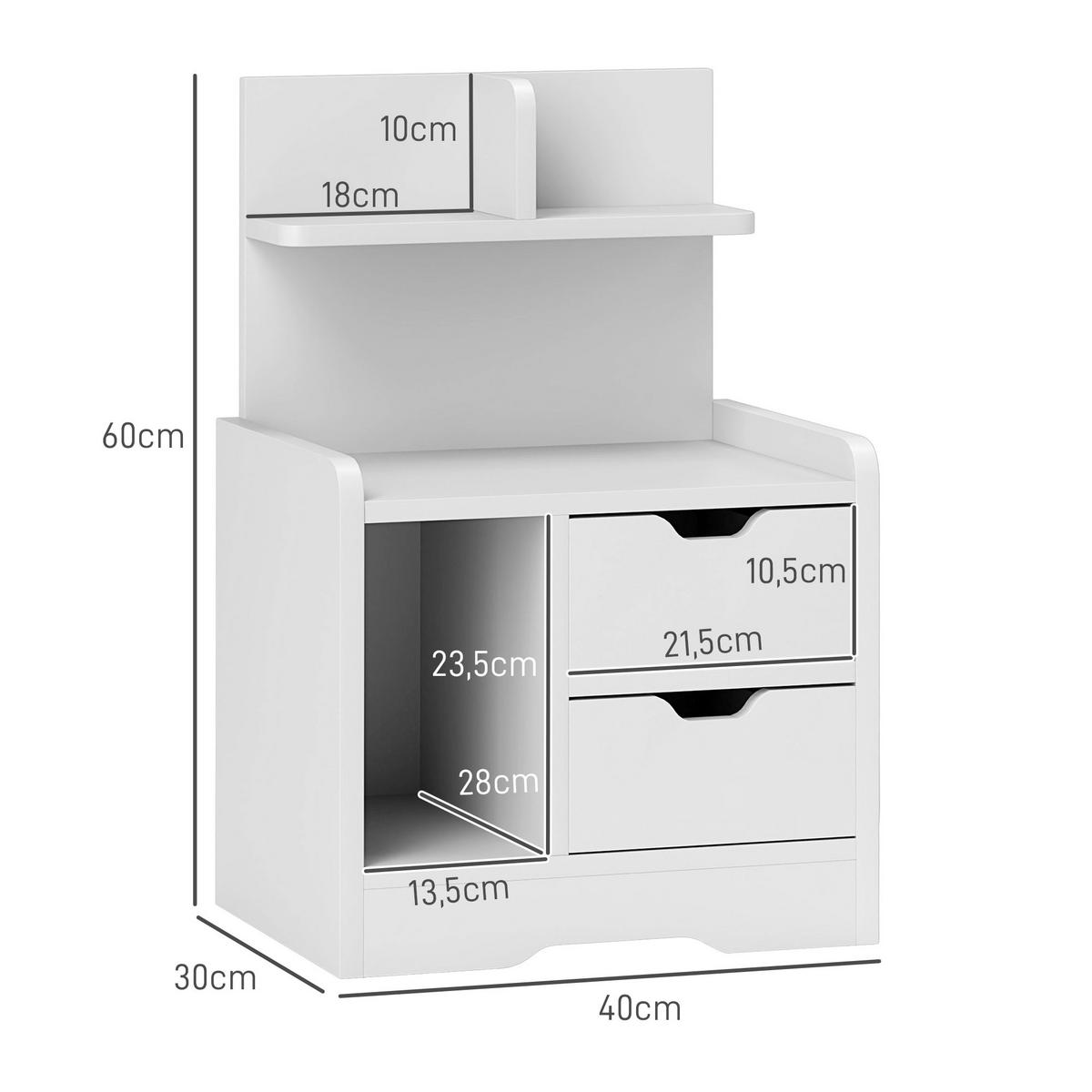 NACHTTISCH mit 2 Schubladen, Beistelltisch, Nachtschrank mit offenen Ablage Weiß - Weiß, Holzwerkstoff (30/60/40cm) - HOMCOM