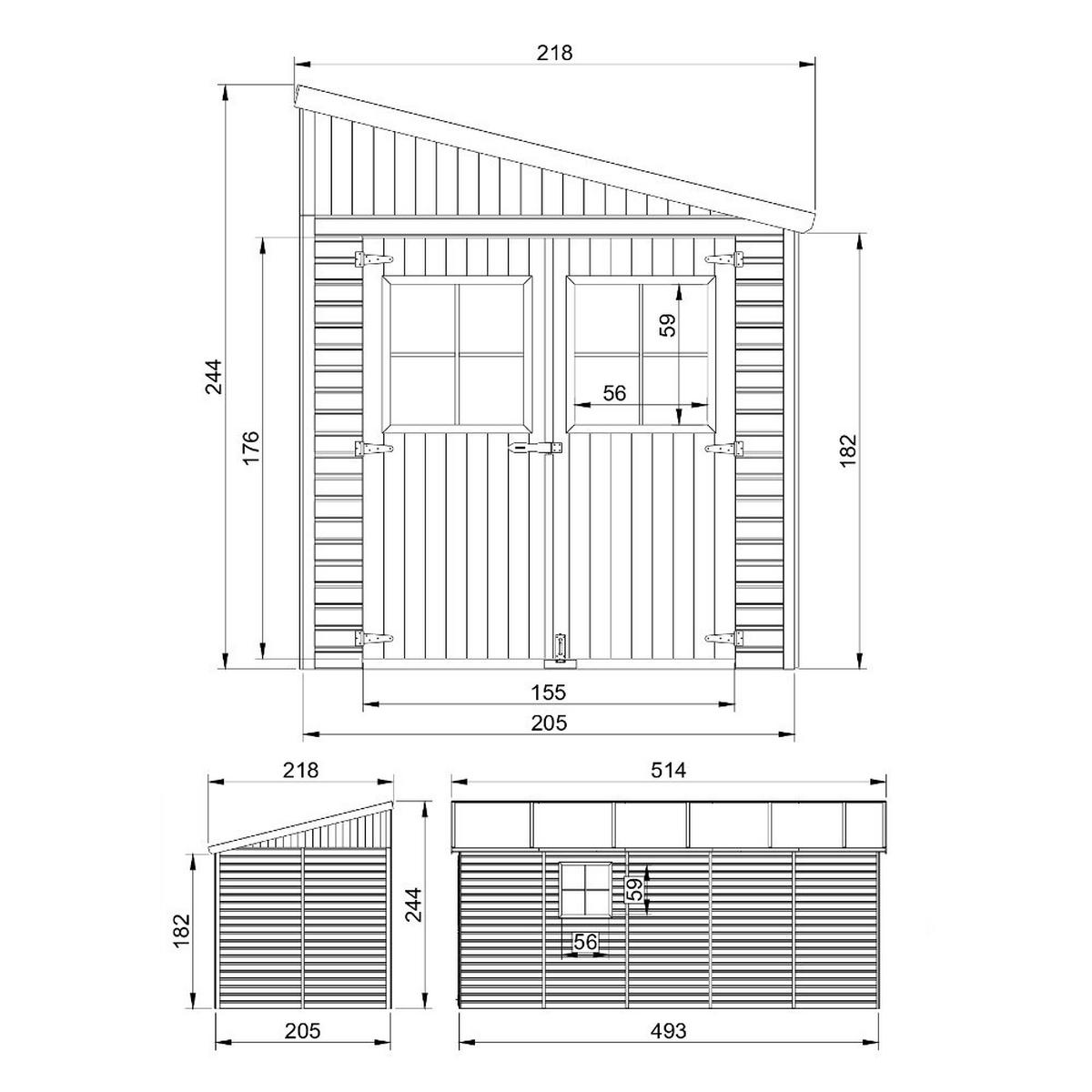 HOLZ-GARTENHAUS (mit Seitenwand) - H244x216x514 cm/10,2 m2 - M341A - Beige, Holz (218/244/493cm) - Timbela