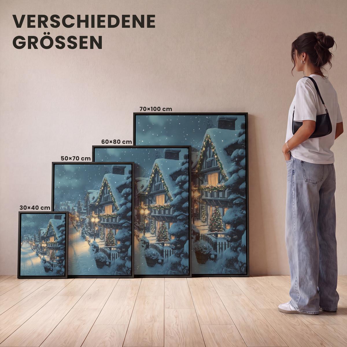 LEINWAND Bilder mit Rahmen - Weihnachtsdorf - Weihnachten - Schnee - Winter - 50x70 - Dunkelblau, Textil (50/70cm) - MuchoWow