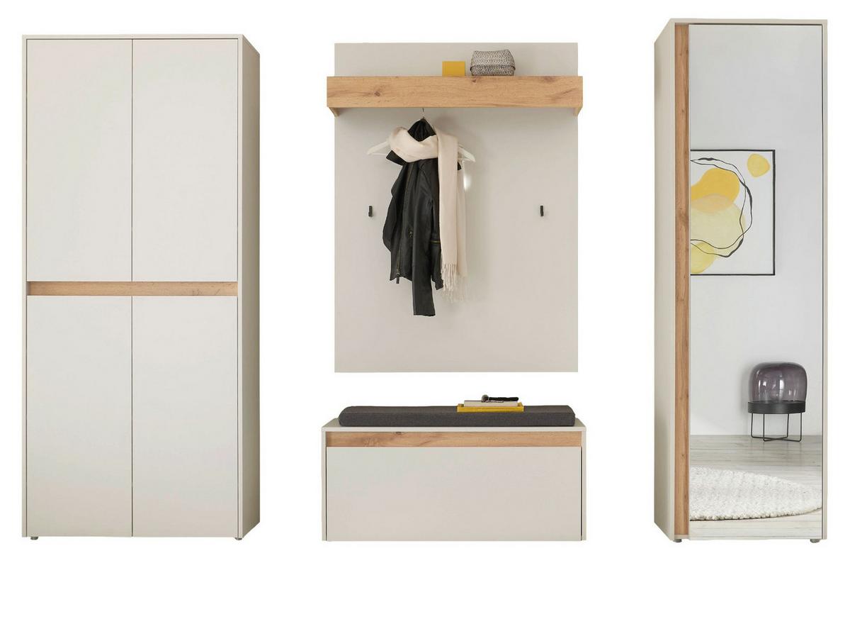 GARDEROBEN-SET weiß matt, Eiche Wotan 5-teilig 265 cm, mit Schuh- und Garderobenschrank - Eiche Wotan/Schwarz, Glas/Holzwerkstoff (265/200/40cm) - Furn.Design