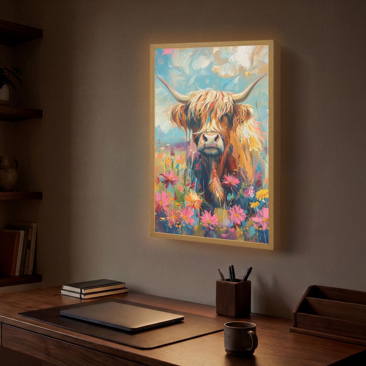 WANDLEUCHTE MIT AKKU Schottische Hochländer - Natur - Farbenfroh - Blumen 40x60 cm - Multicolor, Holzwerkstoff (40/60/8cm) - OnlyWow