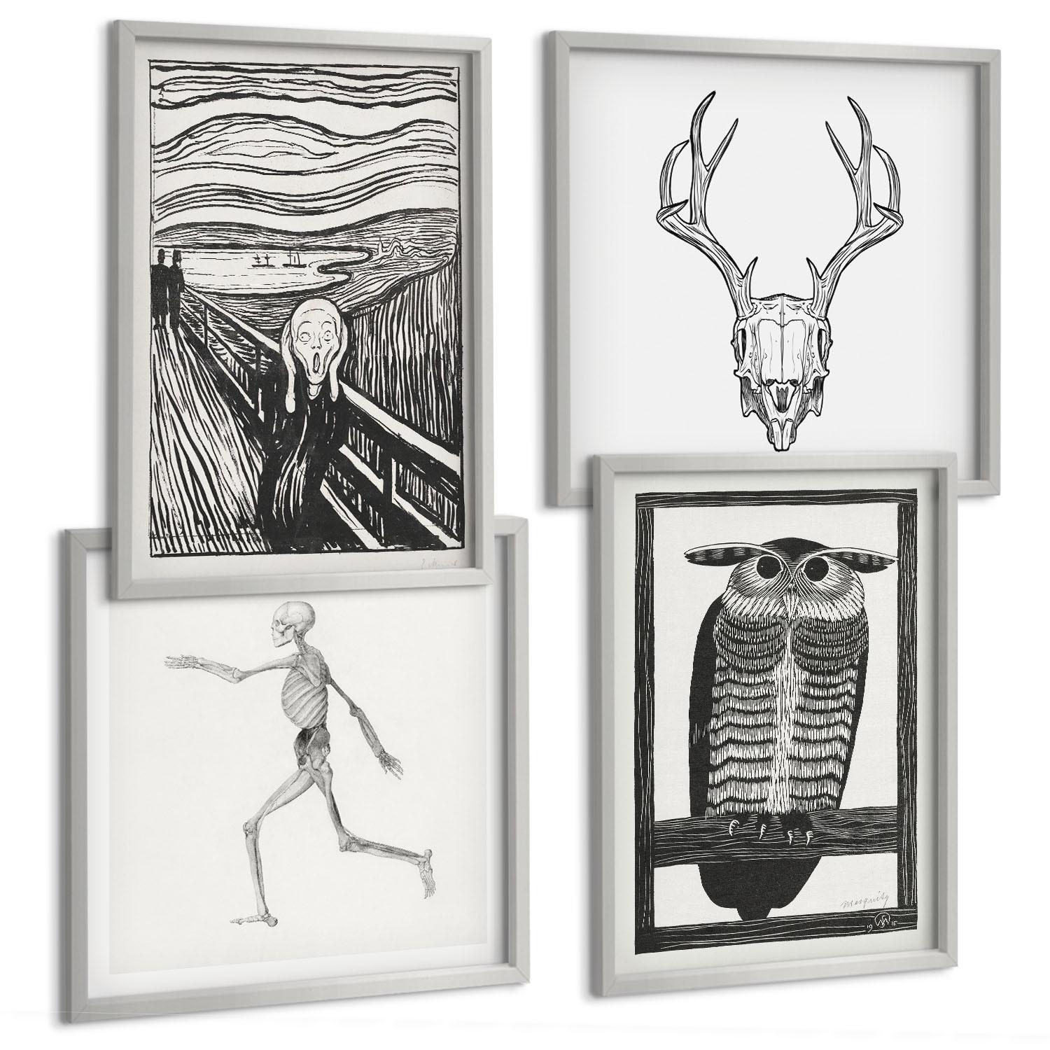 BILDER SET 4er Set - 50x50 cm & 40x60 cm Silberner Rahmen - Inspiration Schrei Schädel Eule - Silberfarben, Kunststoff (50/50cm) - TULUP