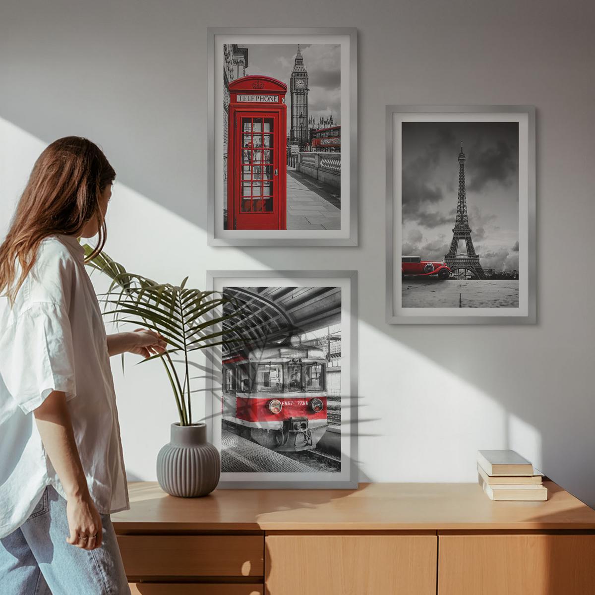 BILDER SET 3er Set - 40x60 cm Silberner Rahmen - Ikonen London Paris Verkehr - Silberfarben, Kunststoff (40/60cm) - TULUP