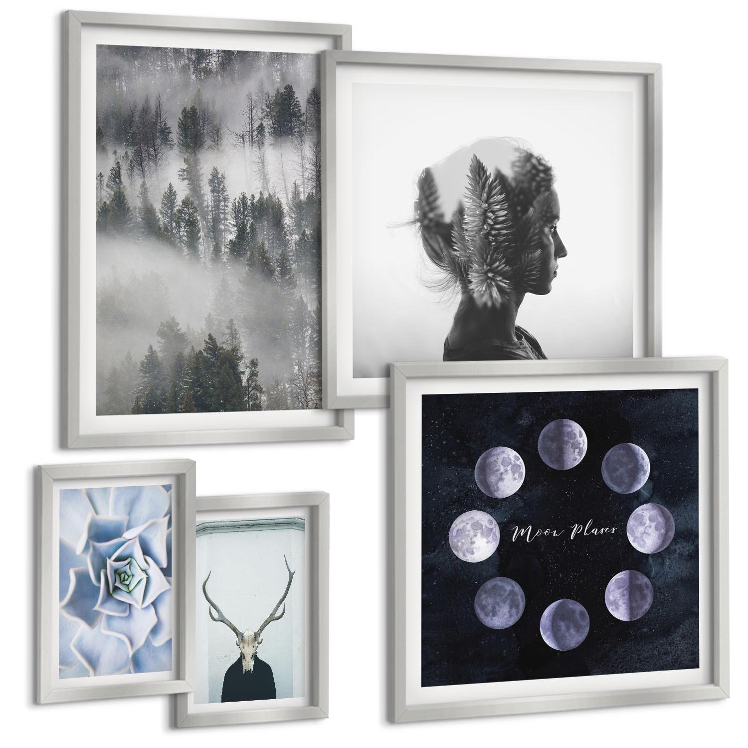 BILDER SET 5er Set - 50x50 cm & 20x30 cm & 40x60 cm Silberner Rahmen - Waldnebel, Mond, Schädel, Frau - Silberfarben, Kunststoff (40/60cm) - TULUP