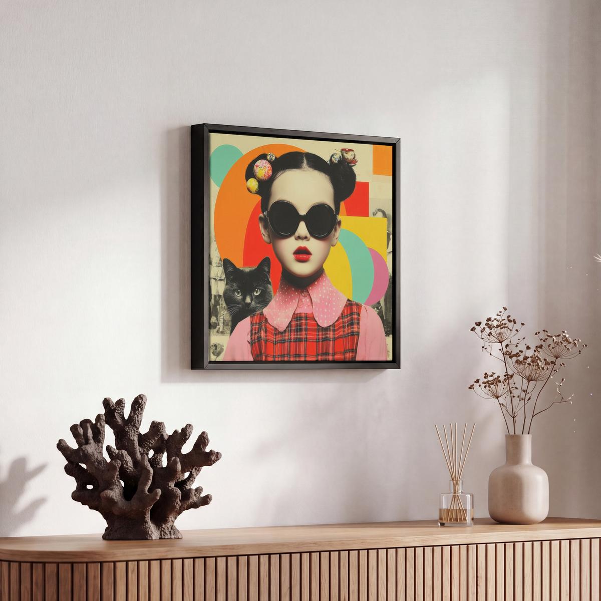 LEINWAND Bilder mit Rahmen - Mädchen - Sonnenbrille - Katze - Retro - 20x20 - Beige, Textil (20/20cm) - MuchoWow