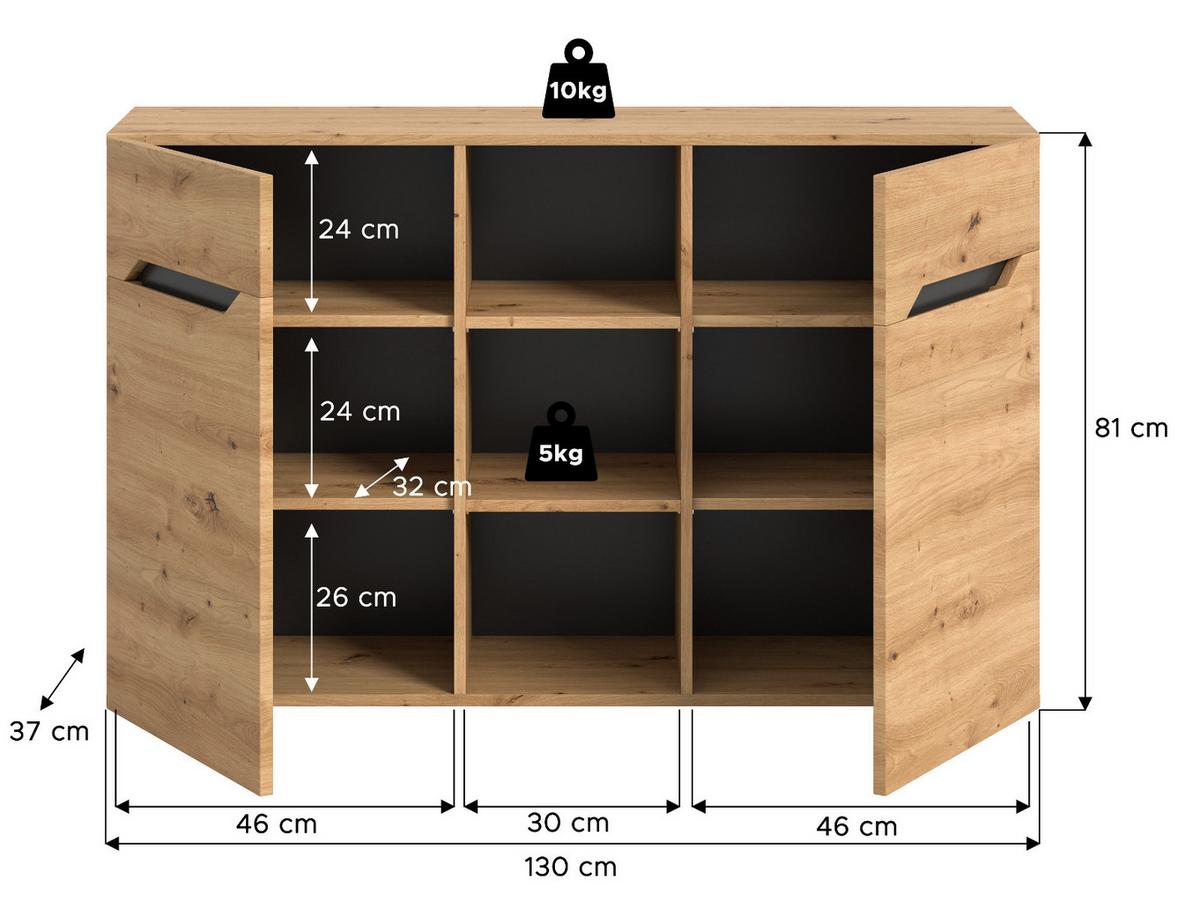SIDEBOARD Eiche Artisan und Grau, Kommode mit 9 Fächern 130 x 81 cm - Dunkelgrau/Schwarz, Holzwerkstoff/Kunststoff (130/81/37cm) - Inn.Furn