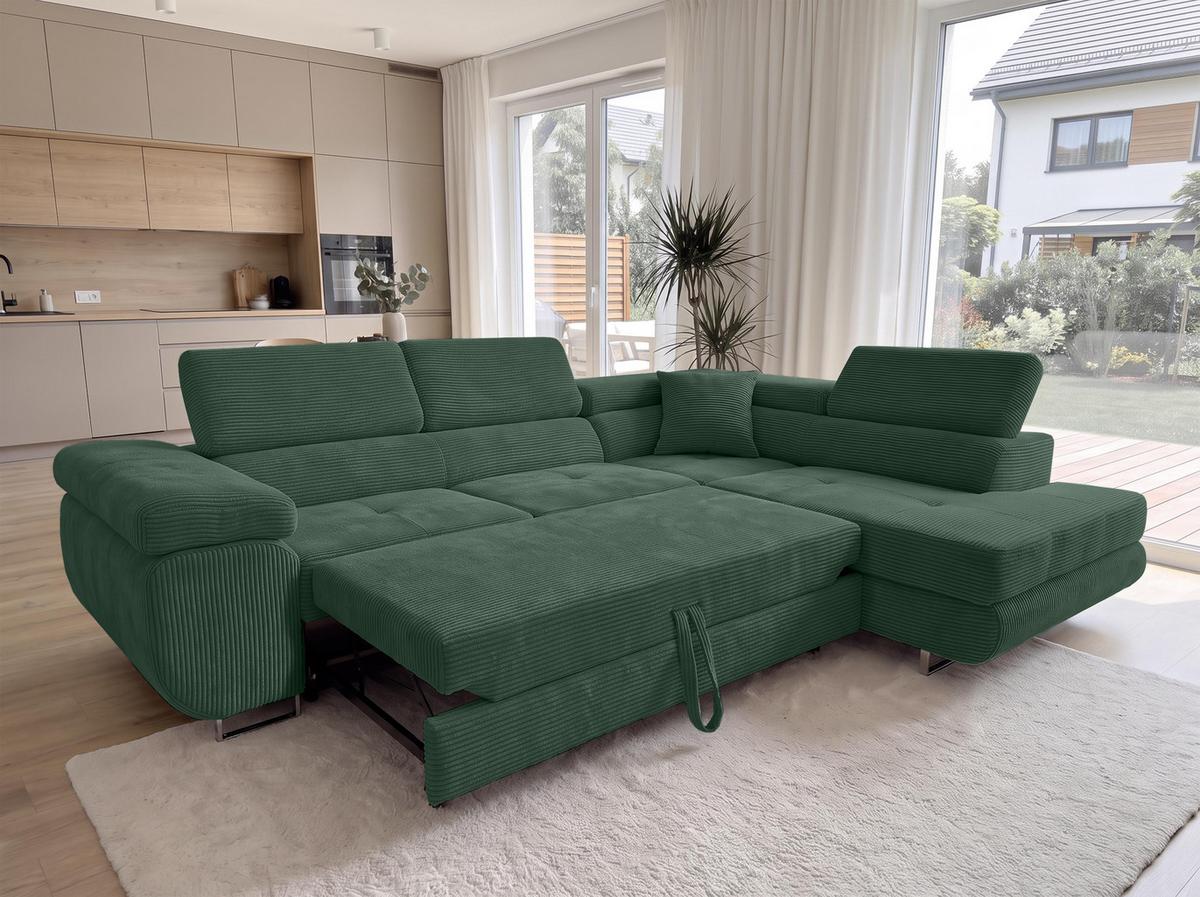 ECKSOFA L Form Konak Flaschengrün 276/201/90 cm Rechts mit Schlaffunktion - Dunkelgrün/Silberfarben, Textil/Metall (276/203cm) - AX Living