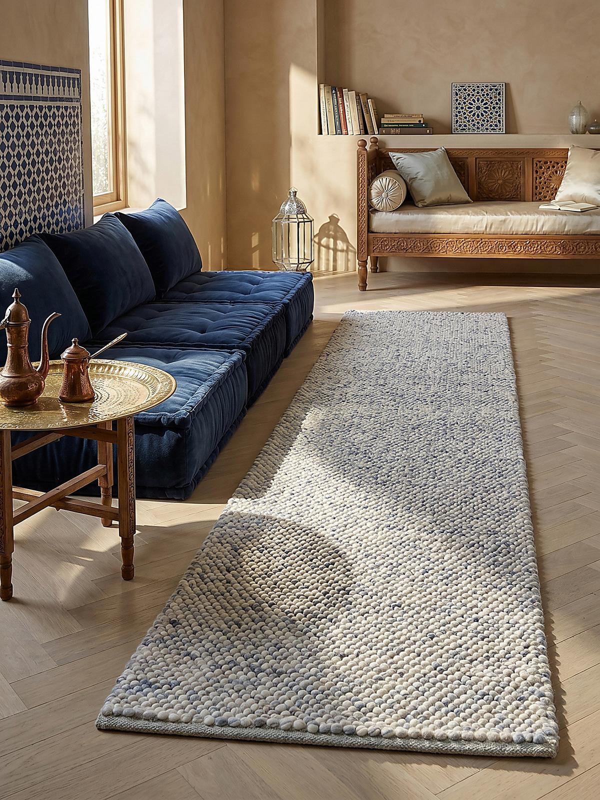TEPPICH aus Wolle handgewebt MEDWAY in Blau, einfarbig, 60 x 230 cm - Blau, Textil (230/60cm) - KADIMA DESIGN