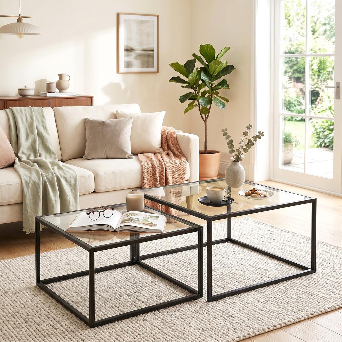 COUCHTISCHE 2er Set Gehärtetes Glas Metall Schwarz - Schwarz, Glas/Metall (75/75/42cm) - HOMCOM