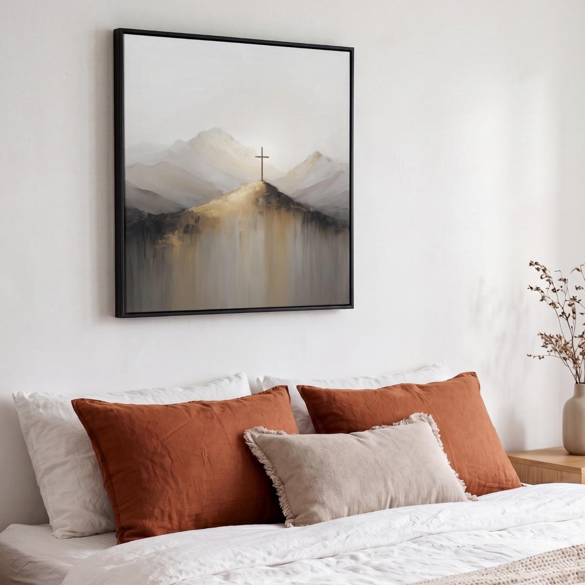 LEINWAND Bilder mit Rahmen - Hügel - Abstrakt - Kreuz - Christentum - 50x50 - Beige, Textil (50/50cm) - MuchoWow