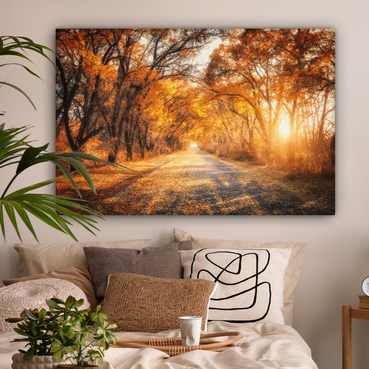 LEINWANDBILD Wald - Herbst - Bäume - Waldweg - Natur XXL 150x100 cm - Bernsteinfarben, Textil (150/100cm) - MuchoWow