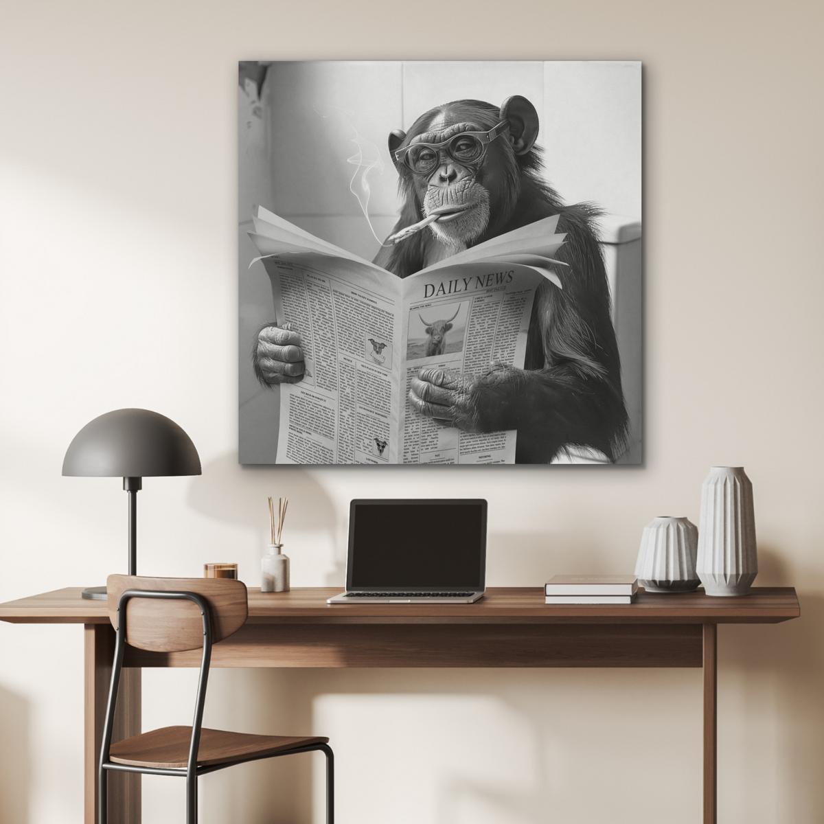 AKUSTIKBILD Affe - WC - Zeitung - Schwarz-Weiß - Humor Akustikpaneele 90x90 cm - Hellgrau, Kunststoff (90/90/0.9cm) - MuchoWow