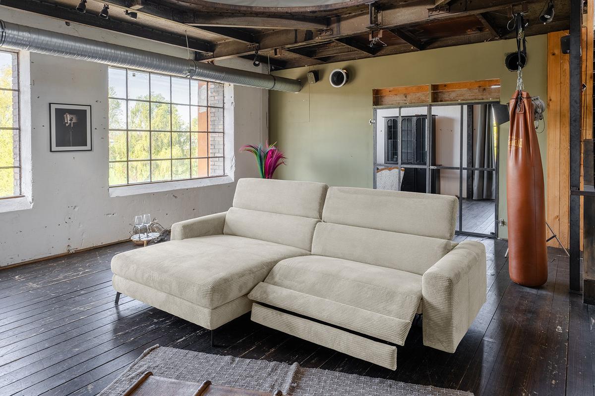 ECKSOFA LAISKA Cremeweiß Cord Relaxfunktion - Creme/Schwarz, Textil/Metall (282/177cm) - KAWOLA
