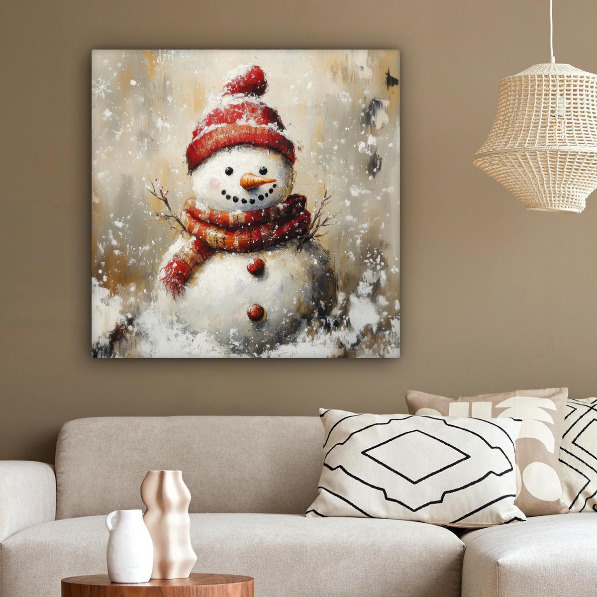 LEINWANDBILD Schneemann - Winter - Schnee - Beige Deko Groß 90x90 cm - Weiß, Textil (90/90cm) - MuchoWow