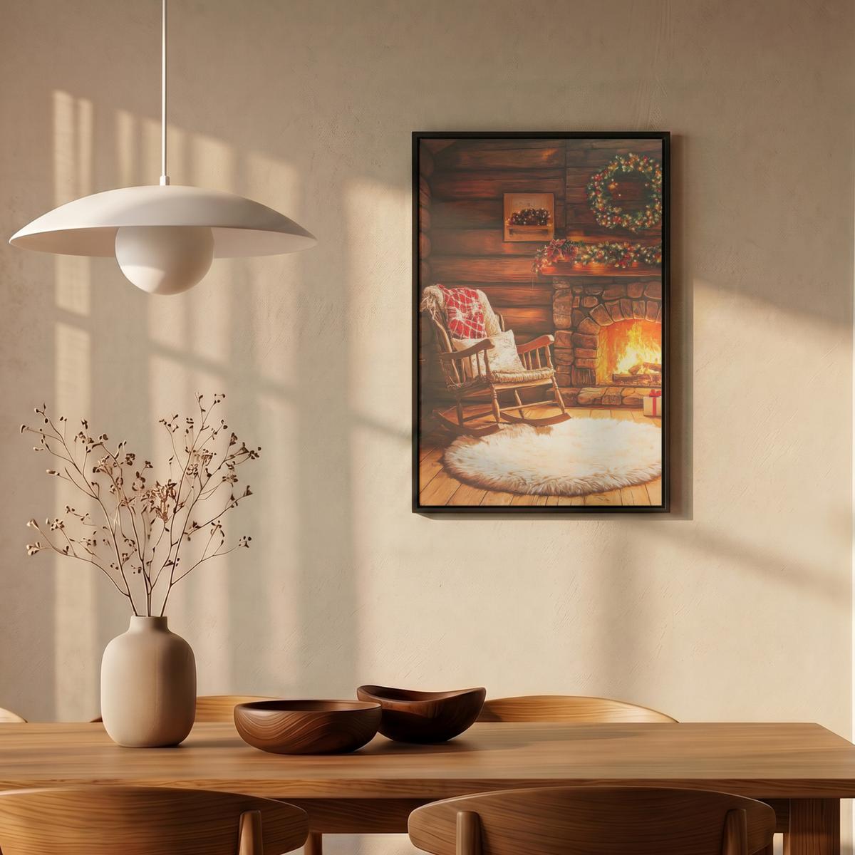 LEINWAND Bilder mit Rahmen - Winter - Weihnachten - Zuhause - Kamin - 40x60 - Bernsteinfarben, Textil (40/60cm) - MuchoWow