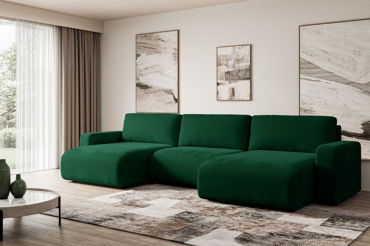 WOHNLANDSCHAFT mit Schlaffunktion und Bettkasten KLEEA-U - 347x143x83 cm Grün Velours - Schwarz/Grün, Holzwerkstoff/Kunststoff (347/83/143cm) - ALTDECOR