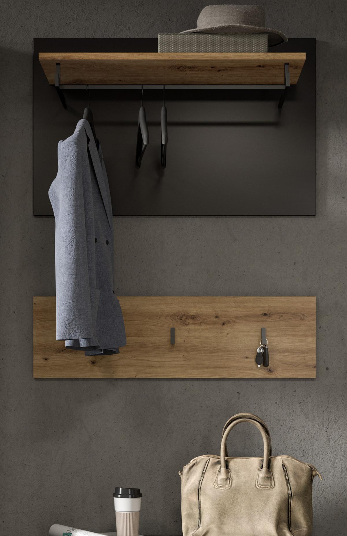 GARDEROBENPANEEL Set mit Garderobenleiste Eiche Artisan, grau 80 cm - Eiche Artisan/Grau, Holzwerkstoff/Metall (80/73/27cm) - Inn.Furn