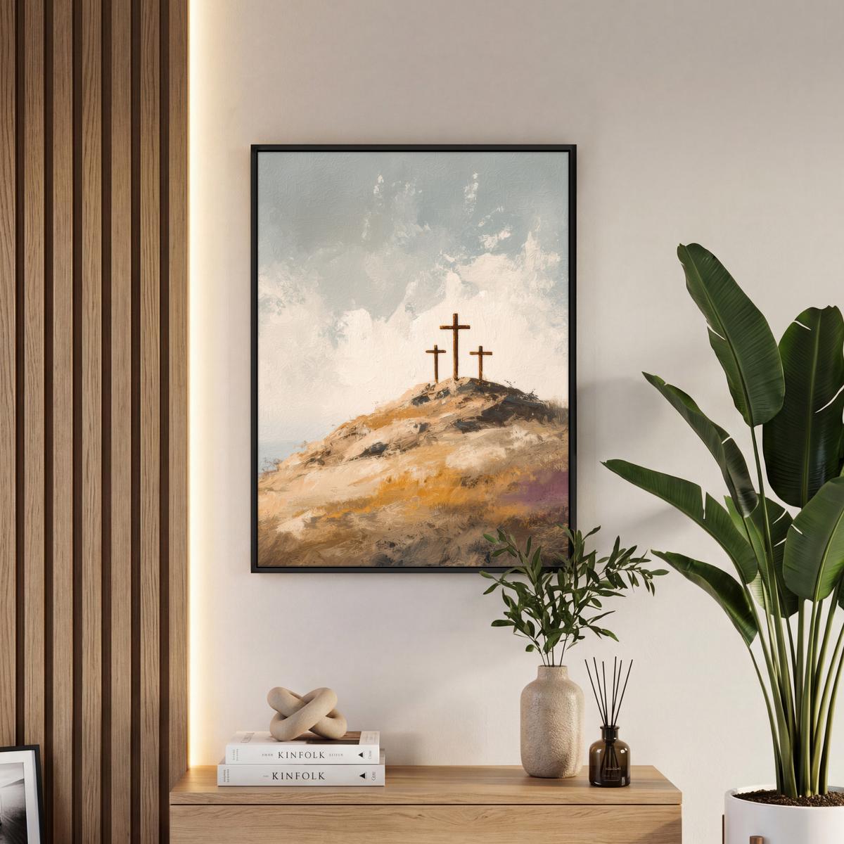 LEINWAND Bilder mit Rahmen - Hügel - Abstrakt - Christentum - Kreuz - 50x70 - Hellgrau, Textil (50/70cm) - MuchoWow