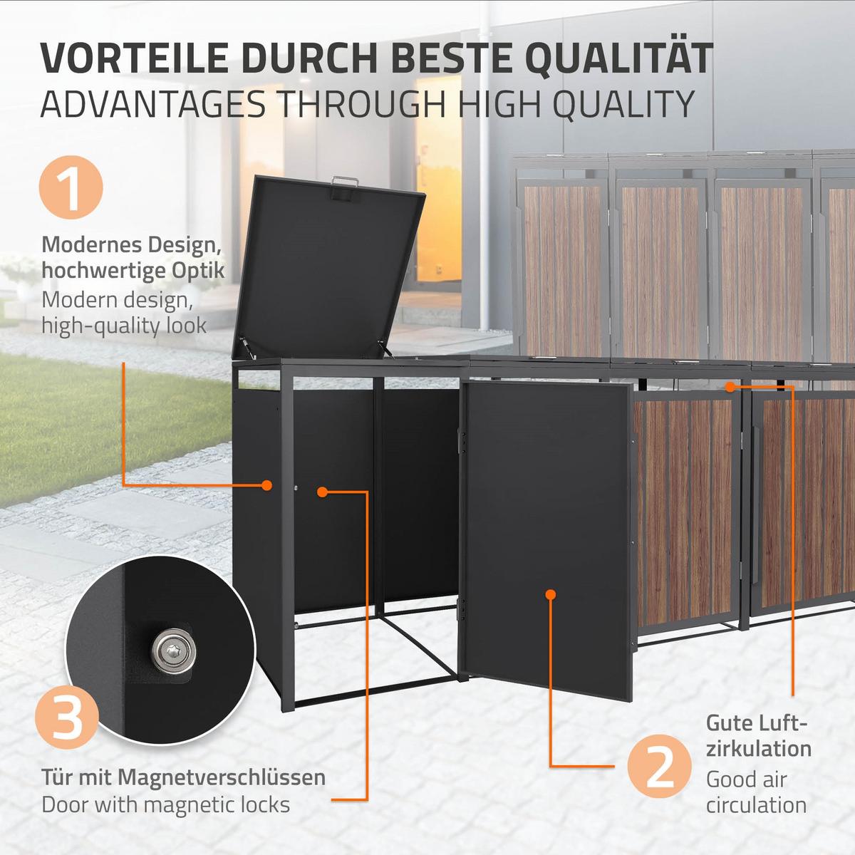MÜLLTONNENBOX 4er 240L 260x80x120 cm Anthrazit-Eiche dunkel aus Stahl - Dunkelbraun, Metall (80/120/260cm) - ML-DESIGN