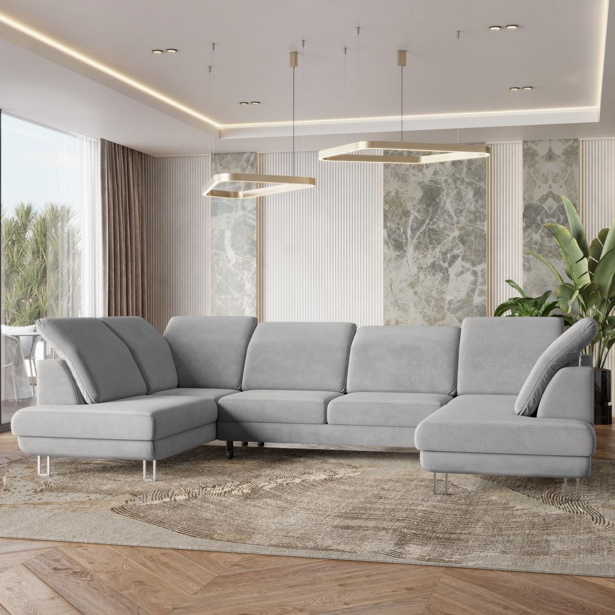 WOHNLANDSCHAFT TERAMO Hellgrau Velours-Stoff mit Schlaffunktion - Silberfarben/Hellgrau, Holz/Textil (316/88/193cm) - MASSENO
