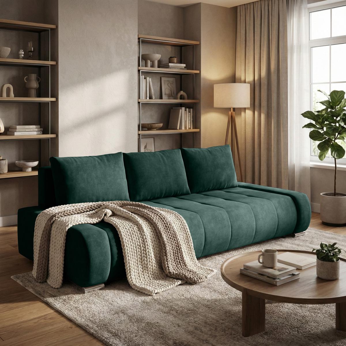 SCHLAFSOFA Draco 3-Sitzer, mit Bettkasten, Dunkelgrün - Dunkelgrün, Textil (240/85/110cm) - Beautysofa