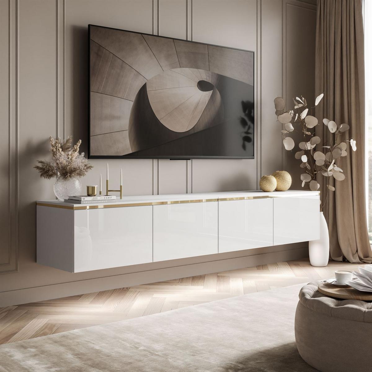 TV-RACK CELINE GLOSS 200 cm mit LED-Beleuchtung (hängend) - Weiß, Holzwerkstoff (200/35/40cm) - Lookway