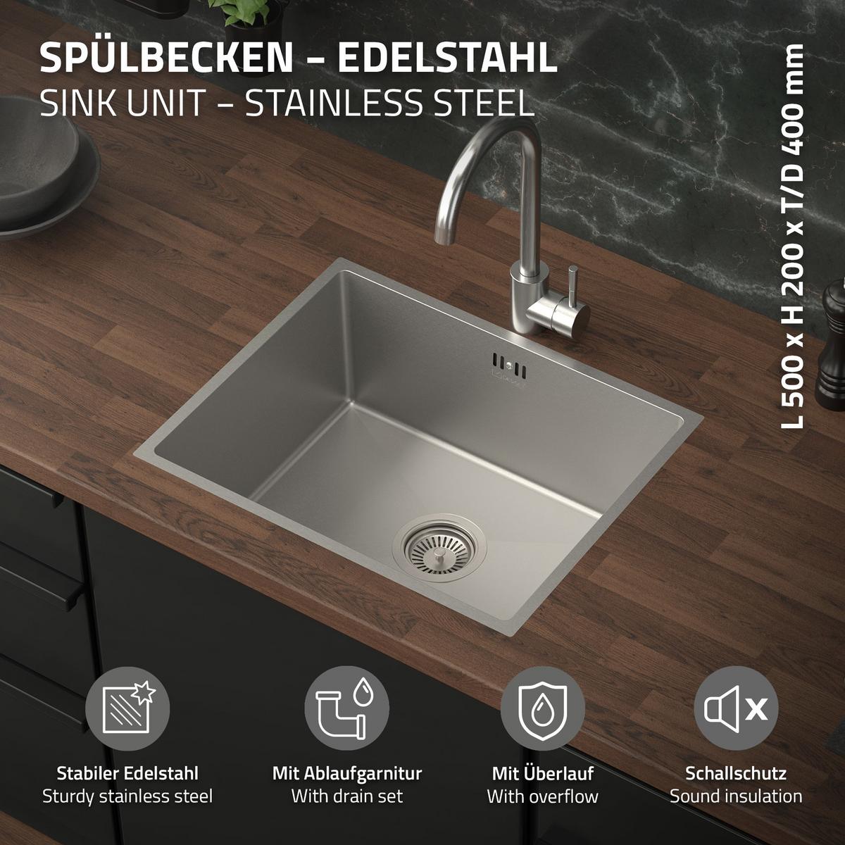 SPÜLBECKEN aus Edelstahl 50x40 cm mit Siphon - Silberfarben, Metall (50/20/40cm) - ML-DESIGN