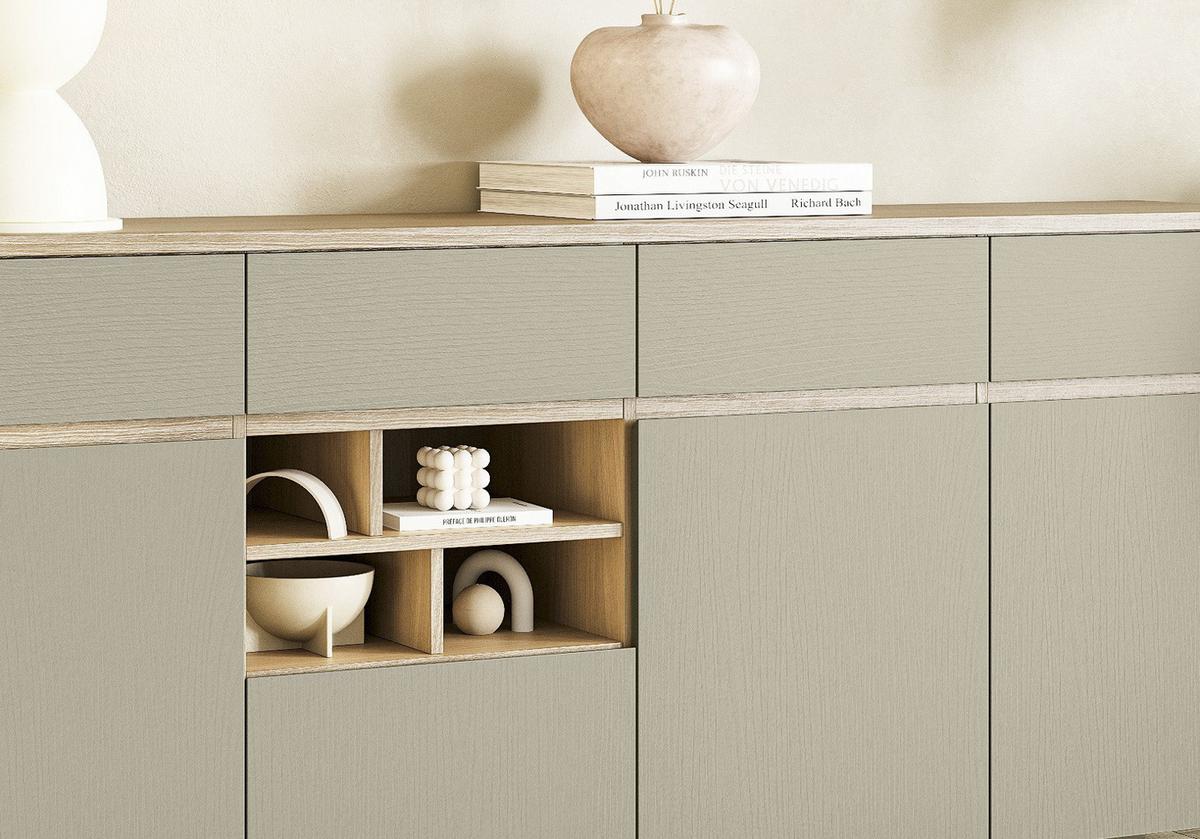 SIDEBOARD Salbei grün, Eiche, Kommode skandinavisch 193 cm, Soft-Close - Salbeigrün/Eichefarben, Holzwerkstoff (193/85/39cm) - Furn.Design