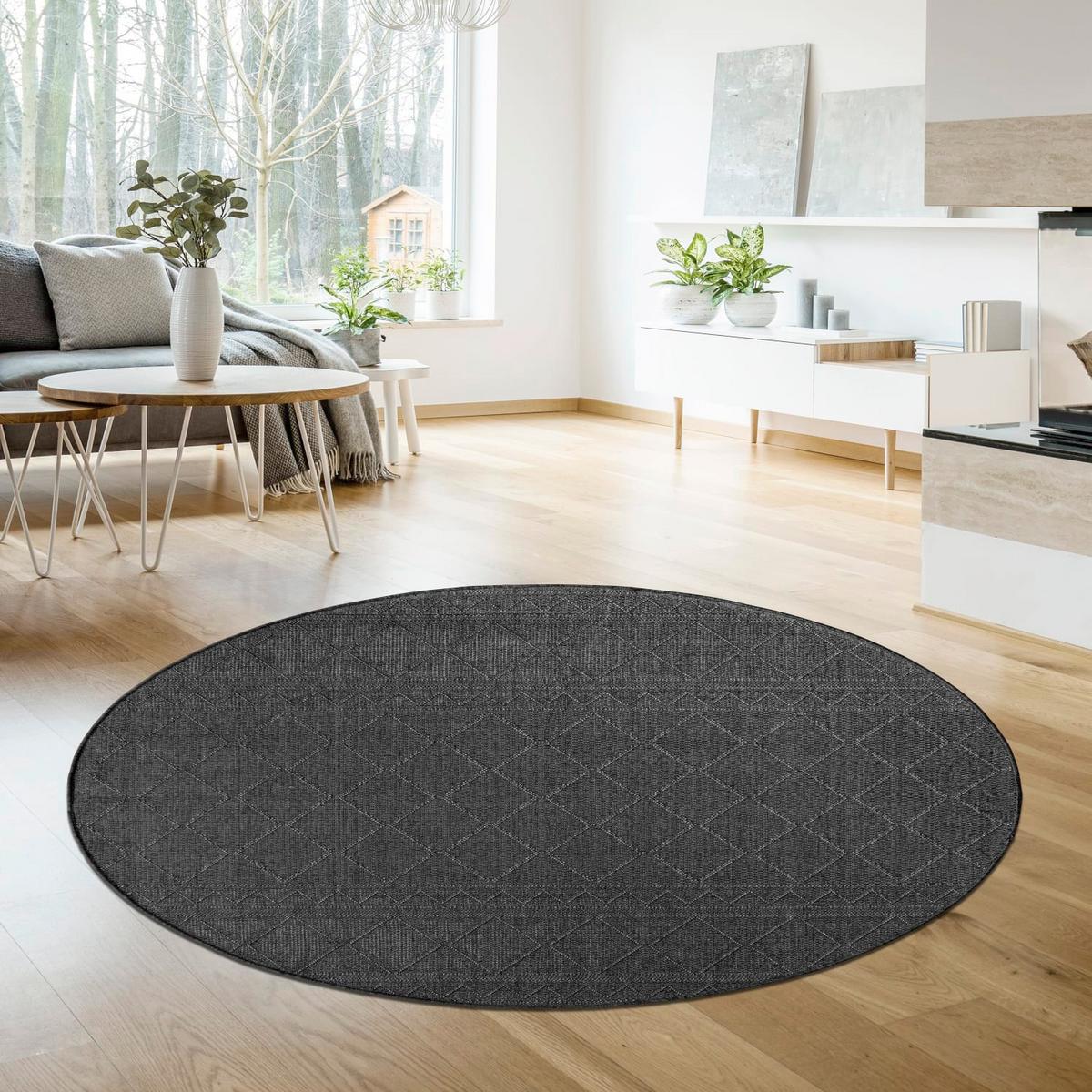 FLACHWEBTEPPICH, mit Rautenmuster, aus Polypropylen, Anthrazit, Ø 120 cm - Anthrazit, Textil (120/120cm) - KADIMA DESIGN