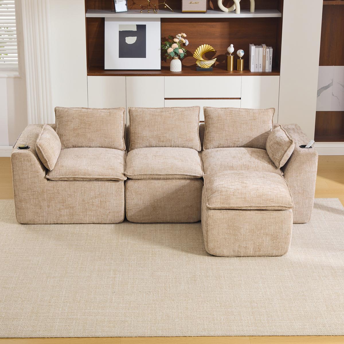 3-SITZER-SOFA aus chenille, mit fußhocker und getränkehalter - Sandfarben, Textil (256/75/161cm) - Urban Meuble
