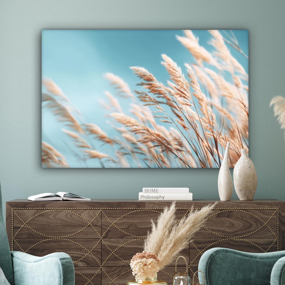 LEINWANDBILD Ziergras - Wind - Hellbraun XXL 150x100 cm - Hellblau, Textil (150/100cm) - MuchoWow